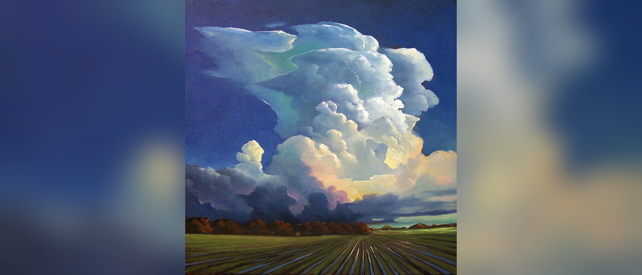 Painting of a towering cumulonimbus storm cloud rising over flat Midwestern farmland, with ploughed furrows leading to a distant treeline