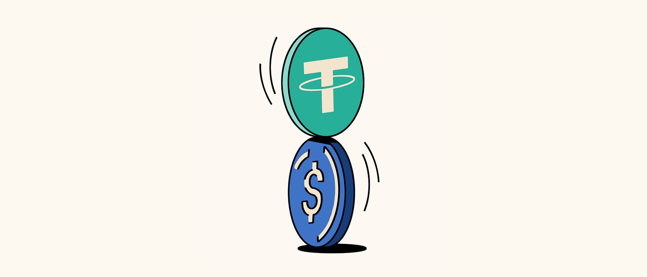 Illustration of a Tether stablecoin token balanced on a US dollar coin